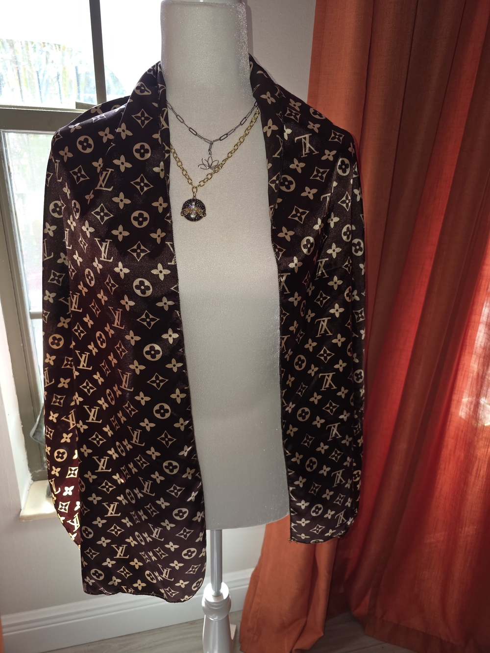 Source Unknown Brown and Ivory Monogram Satin Jacket